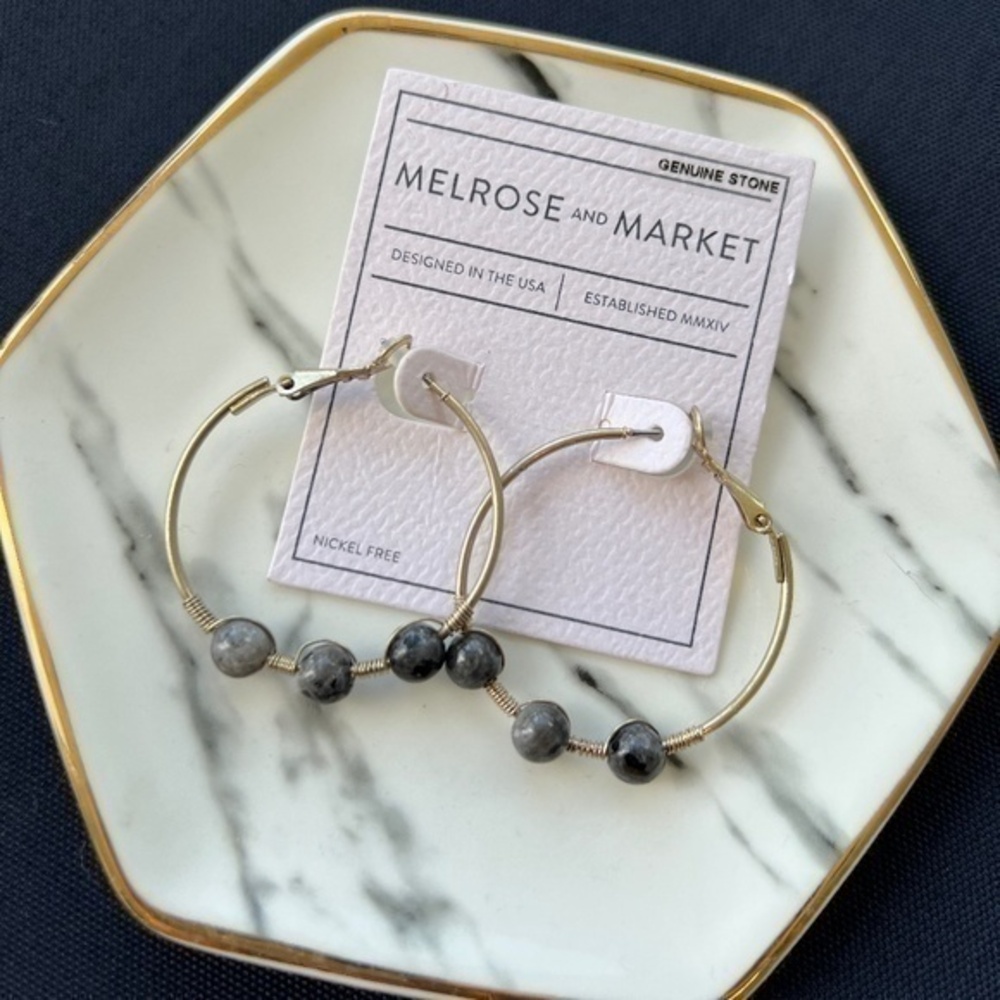 Melrose and Market NEW Gold & Grey Hoop Earrings Nickel Free Genuine Stone